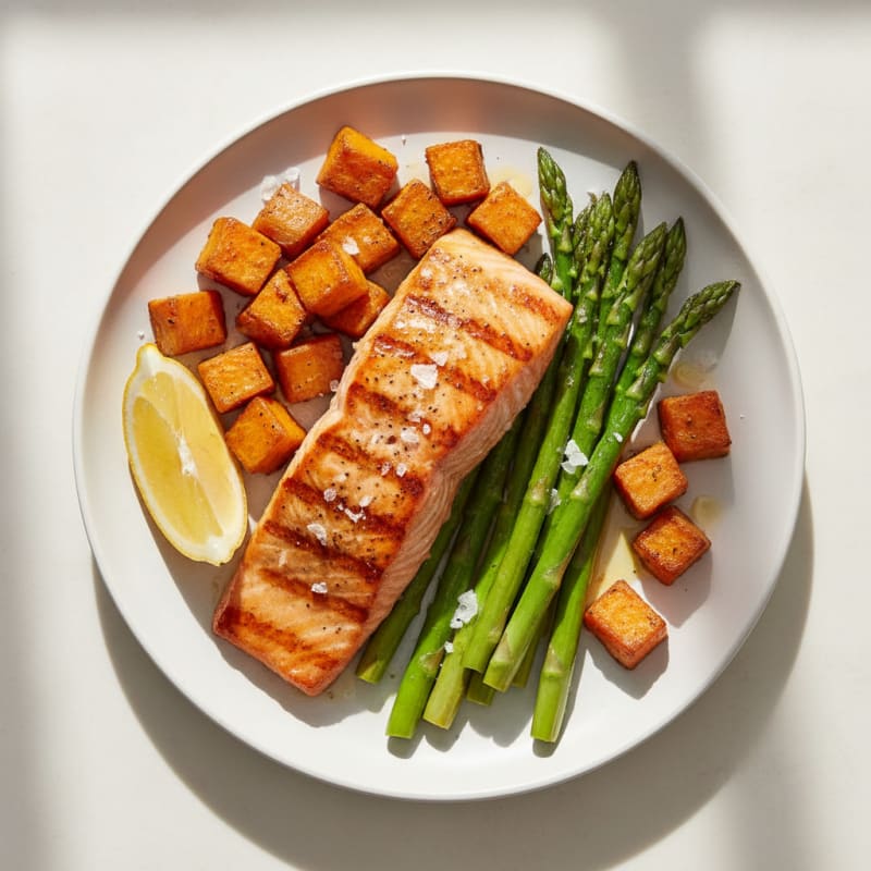 Seared Salmon with Roasted Sweet Potatoes and Asparagus