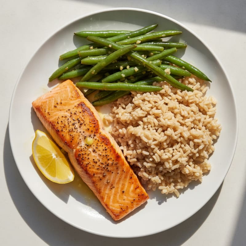 Seared Salmon with Garlic Green Beans and Brown Rice