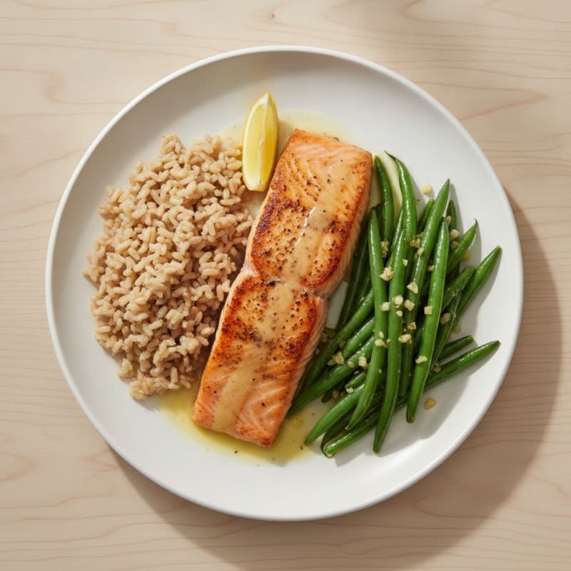 Seared Salmon Fillet with Garlic Green Beans and Brown Rice