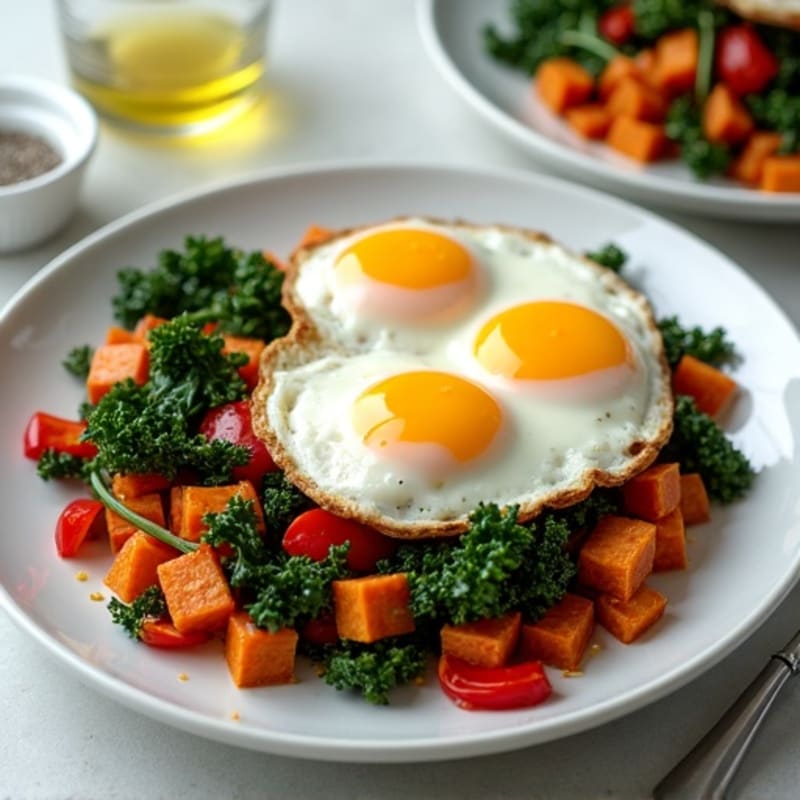Crispy Sweet Potato Hash with Sautéed Greens and Fried Eggs