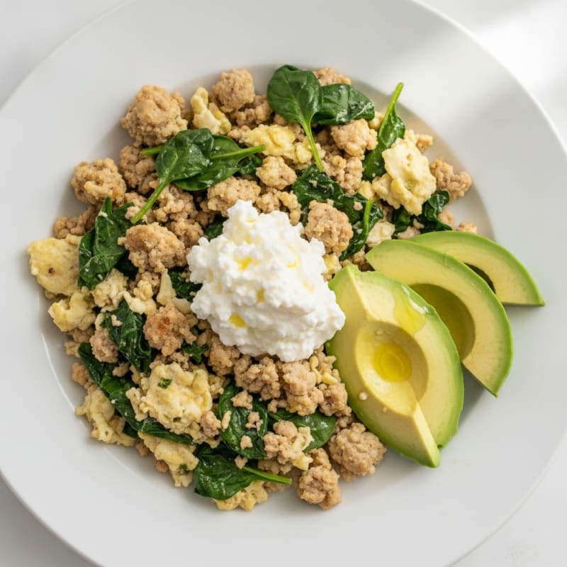 Egg White and Turkey Spinach Scramble with Cottage Cheese
