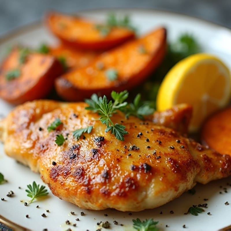 Crispy Herb-Roasted Sweet Potato Wedges with Pan-Seared Lemon Garlic Chicken