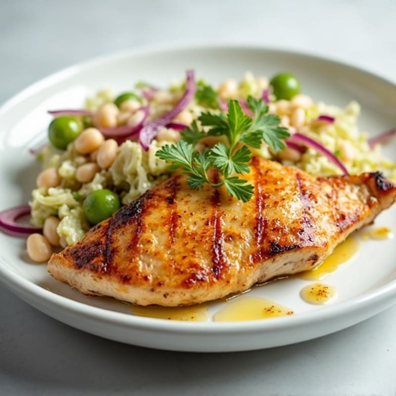 Seared Chicken Breast with Crunchy Cabbage Slaw and White Bean Mash