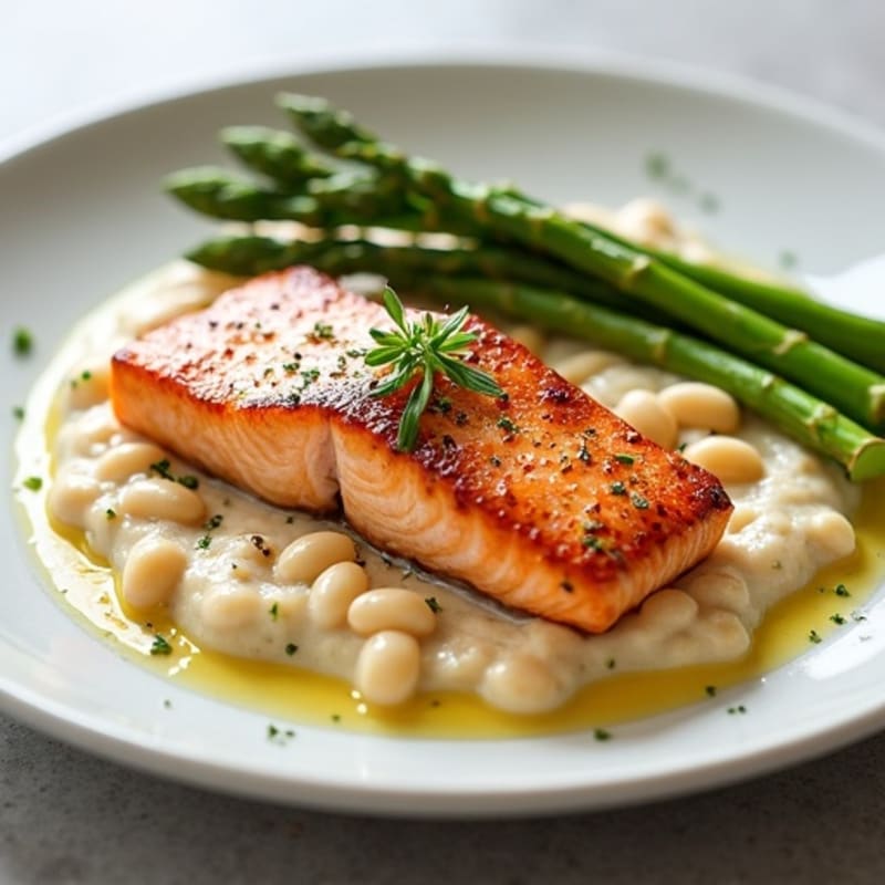 Seared Salmon Fillet with Creamy White Bean Mash and Steamed Asparagus