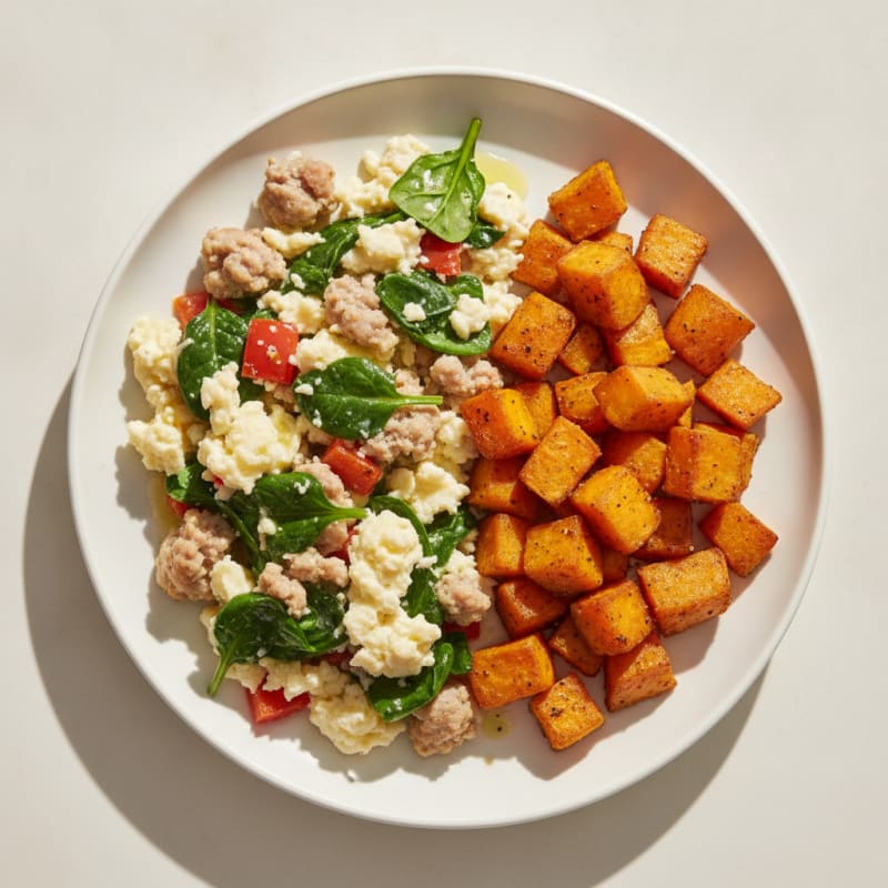 Egg White Spinach Scramble with Turkey Sausage and Roasted Sweet Potatoes