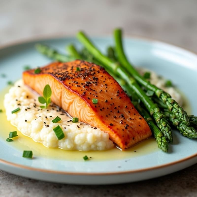Seared Salmon with Steamed Asparagus and Cauliflower Mash