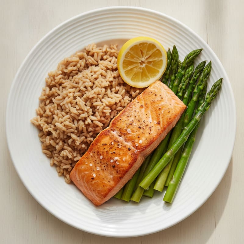 Seared Salmon with Steamed Asparagus and Brown Rice