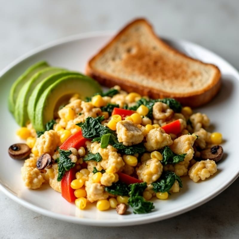 Egg White and Chicken Veggie Scramble with Toast and Avocado