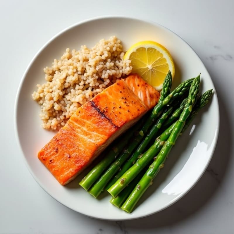 Seared Salmon with Steamed Asparagus and Brown Rice