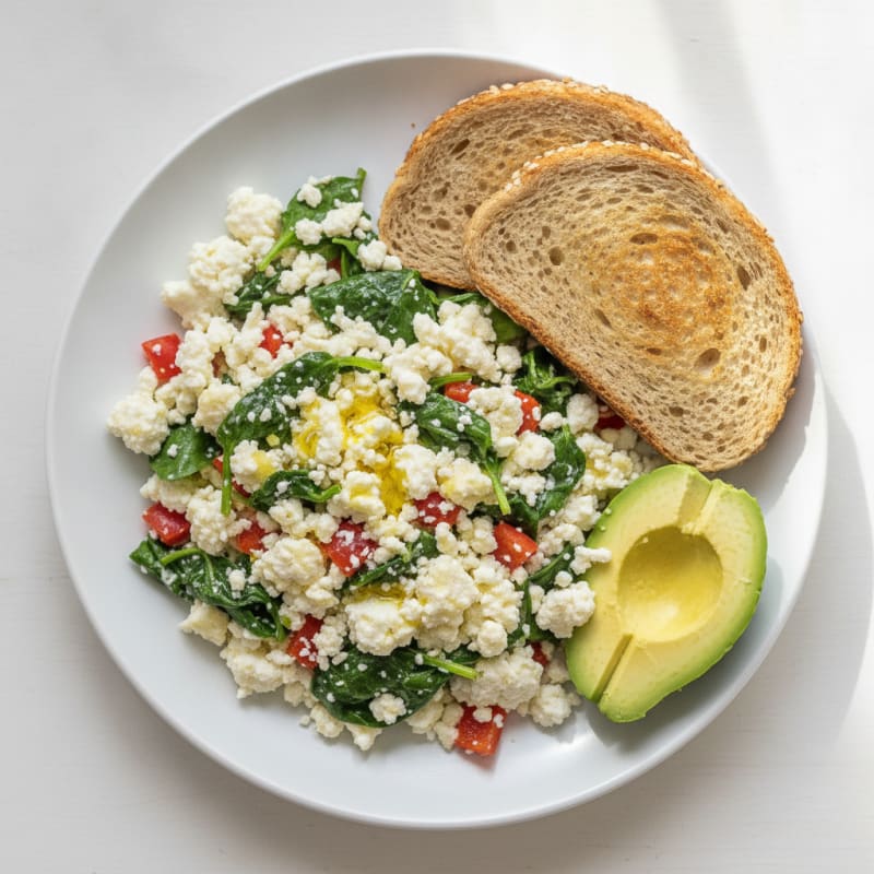 Egg White Veggie Scramble with Cottage Cheese and Fresh Spinach