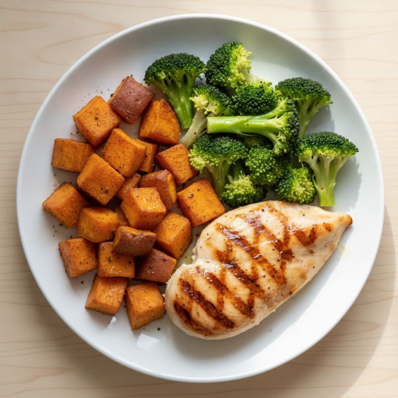 Grilled Chicken Breast with Roasted Sweet Potato and Broccoli