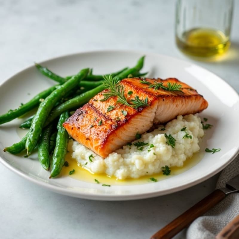Seared Salmon with Garlic Green Beans and Herb Mashed Cauliflower