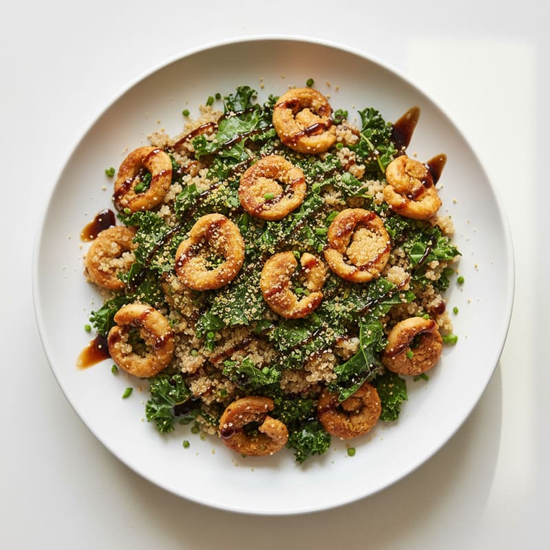 Seared Soy Curl and Quinoa Pilaf with Leafy Greens