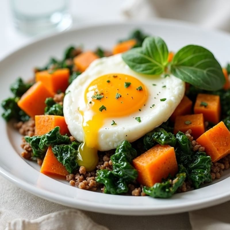 Egg White and Sweet Potato Scramble with Sautéed Spinach