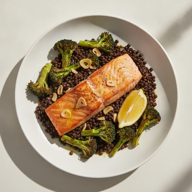 Seared Salmon with Roasted Broccoli and Lentils
