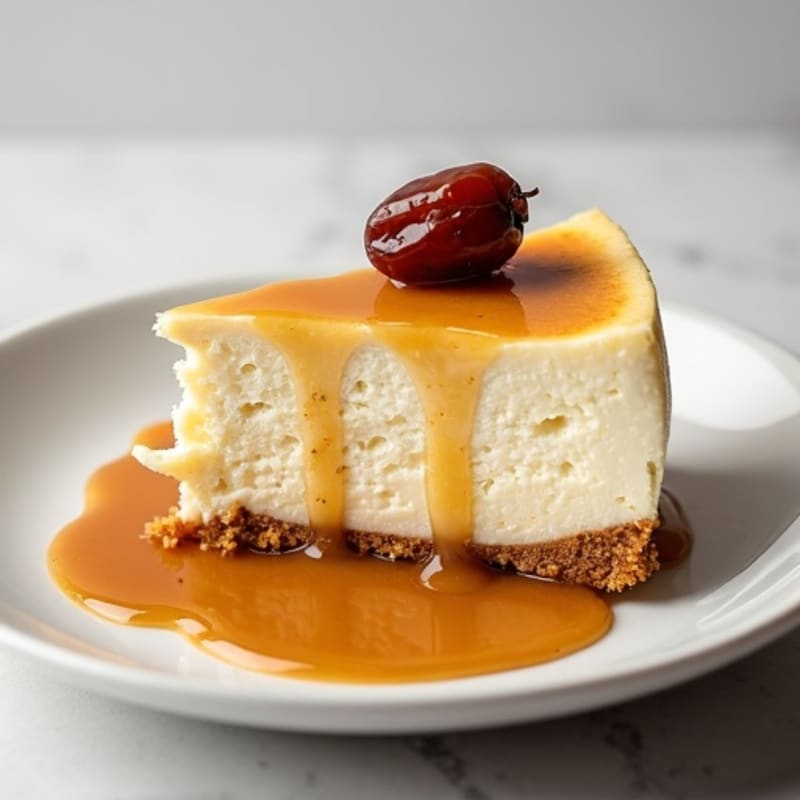 Greek Yogurt Vanilla Bean Cheesecake with Date Caramel Drizzle