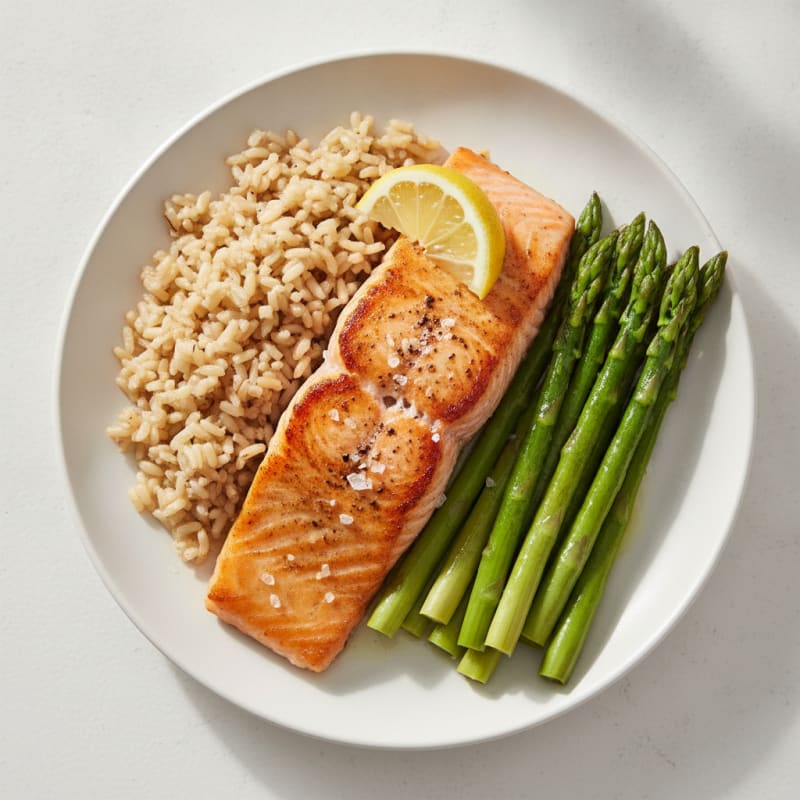 Seared Salmon with Steamed Asparagus and Brown Rice