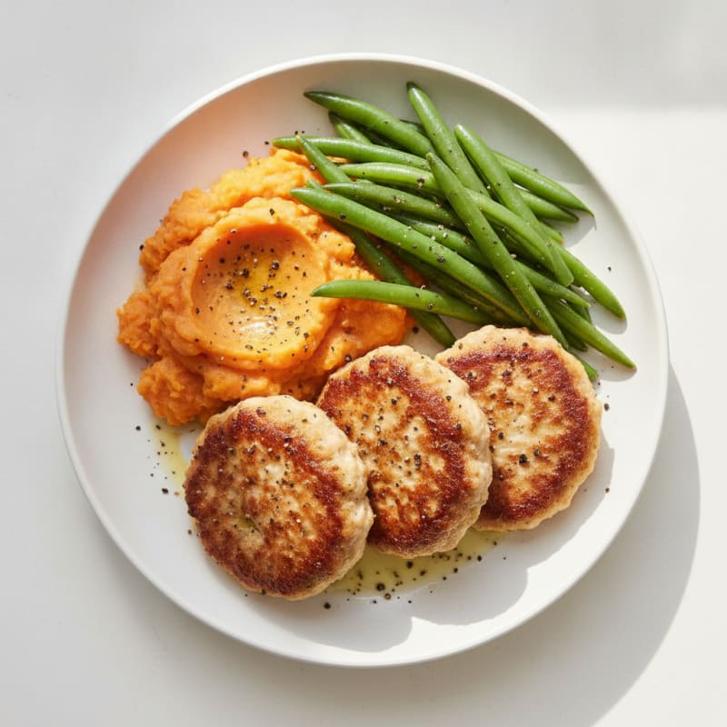 Seared Turkey Patties with Steamed Green Beans and Sweet Potato Mash