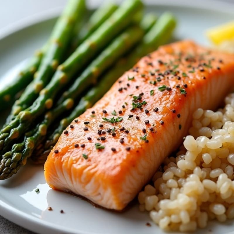Seared Salmon Fillet with Steamed Asparagus and Brown Rice
