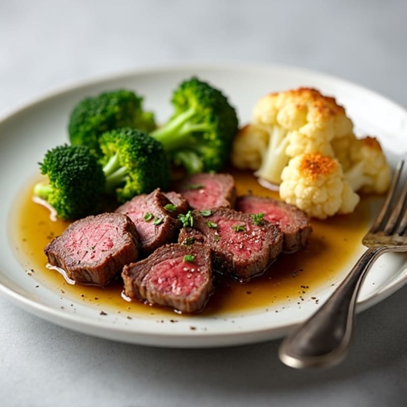 Seared Lean Beef Strips with Roasted Broccoli and Cauliflower