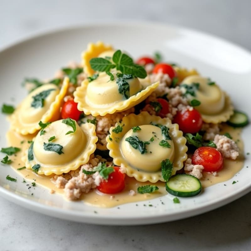 Creamy Spinach Ravioli with Lean Ground Turkey and Roasted Vegetables