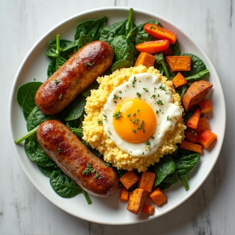 Egg White and Turkey Sausage Scramble with Spinach and Roasted Sweet Potato