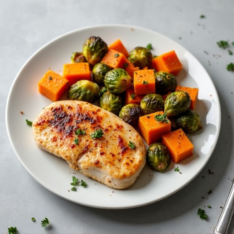 Roasted Sweet Potato and Chicken with Crispy Brussels Sprouts
