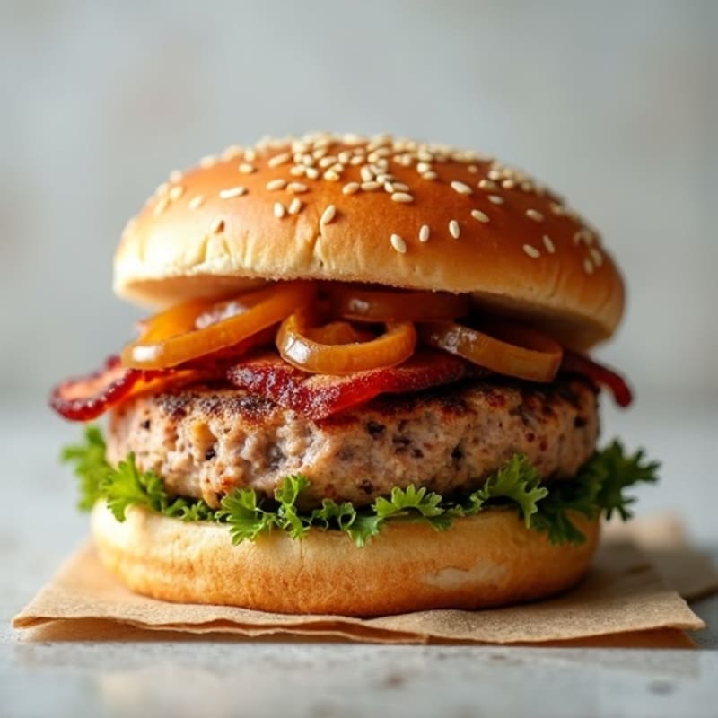Lean Turkey Bacon Burger with Caramelized Onions