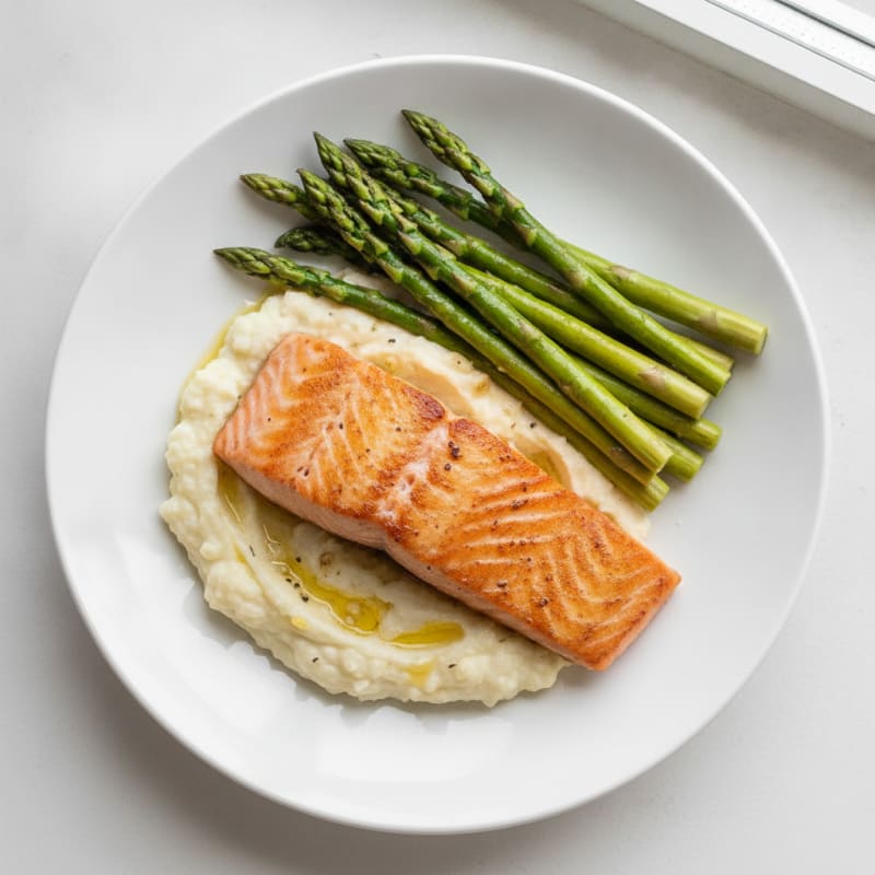 Seared Salmon Fillet with Steamed Asparagus and Cauliflower Mash
