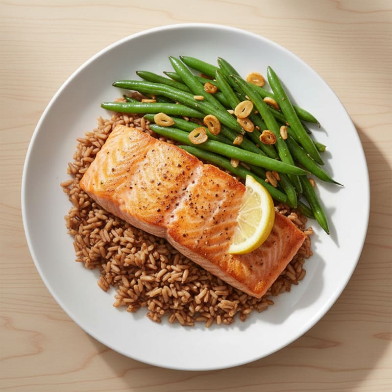 Seared Salmon with Garlic Green Beans and Brown Rice