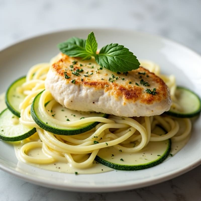 Creamy Cauliflower Alfredo Chicken with Zucchini Noodles
