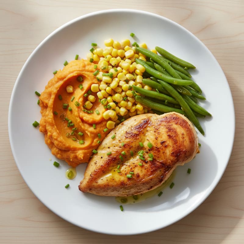 Roasted Chicken Breast with Sweet Potato Mash and Corn