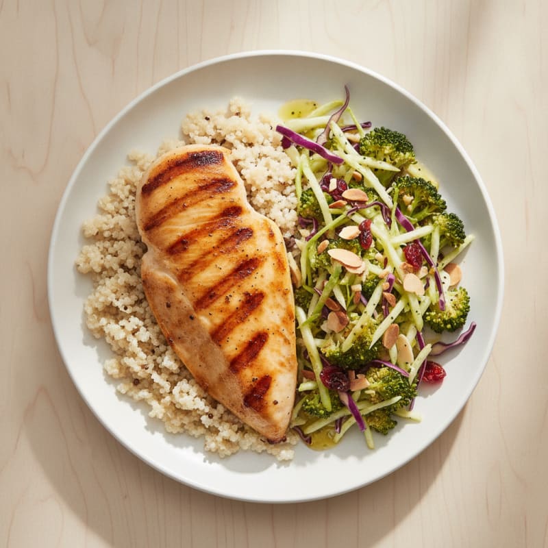 Grilled Chicken Breast with Quinoa and Crunchy Broccoli Slaw