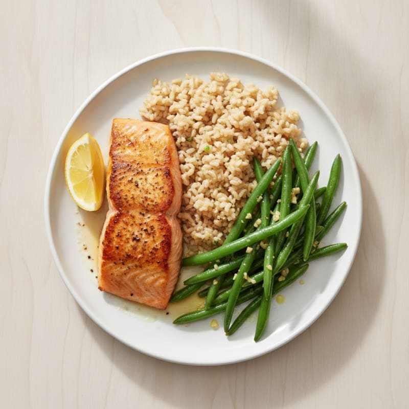 Seared Salmon with Garlic Green Beans and Brown Rice