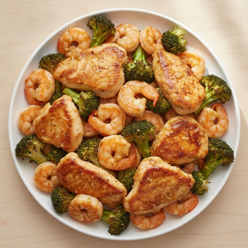 Lemon Garlic Pan Seared Chicken and Shrimp with Roasted Broccoli