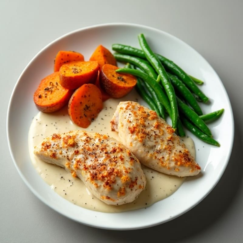 Creamy Coconut Chicken with Roasted Sweet Potatoes and Crispy Green Beans