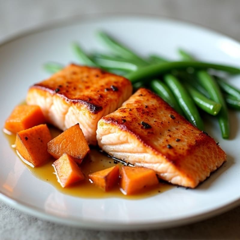 Maple-Glazed Salmon with Roasted Sweet Potatoes and Green Beans