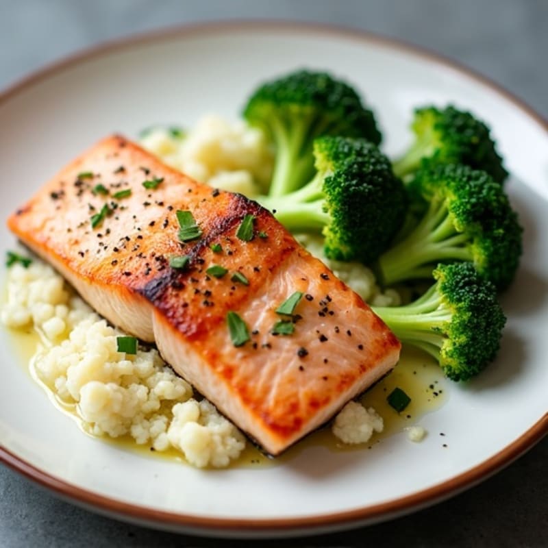Seared Salmon with Steamed Broccoli and Garlic Mashed Cauliflower