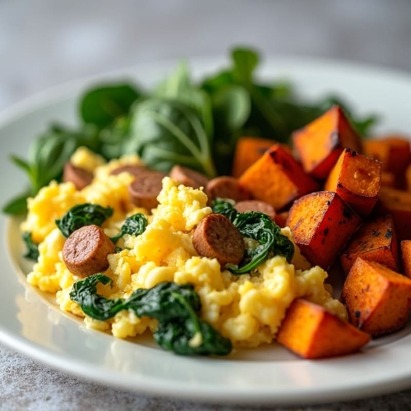 Egg White and Turkey Sausage Scramble with Spinach and Roasted Sweet Potato