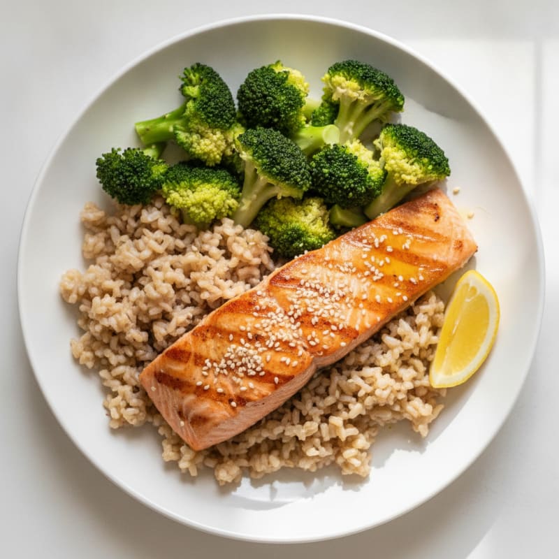 Seared Salmon with Steamed Broccoli and Brown Rice