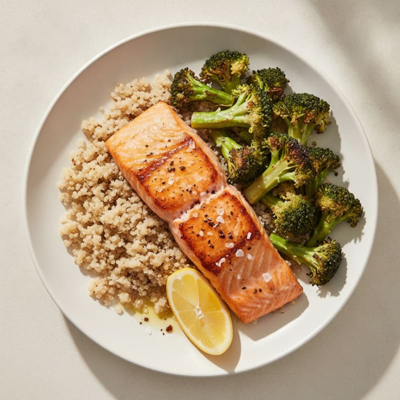 Seared Salmon with Roasted Broccoli and Quinoa
