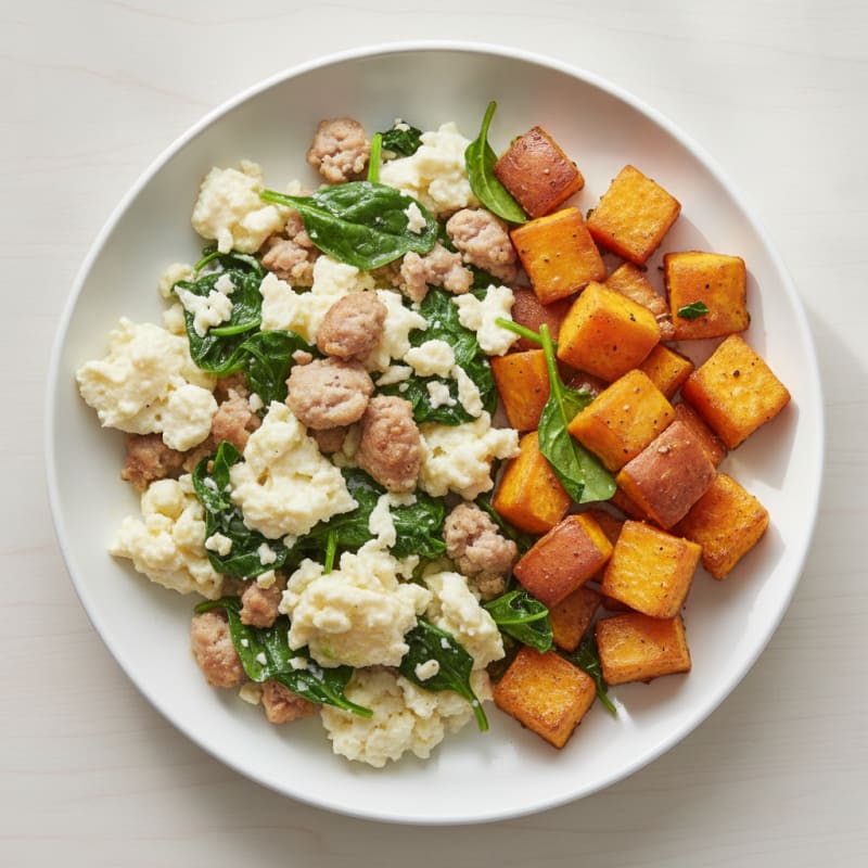 Egg White Scramble with Turkey Sausage and Sautéed Spinach