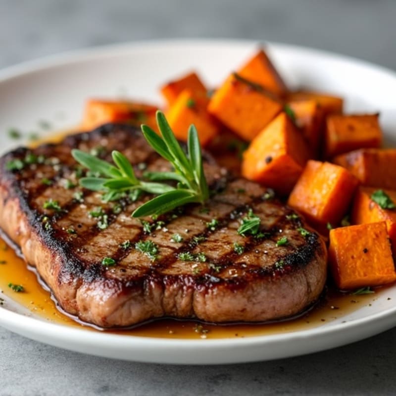 Garlic Herb Steak with Crispy Roasted Sweet Potatoes