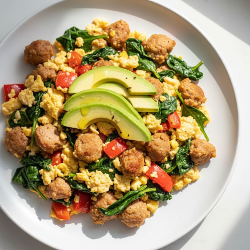 Egg White and Turkey Sausage Scramble with Spinach and Bell Peppers