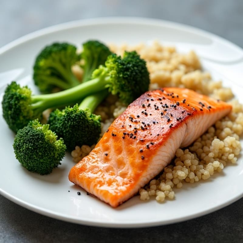 Seared Salmon Fillet with Steamed Broccoli and Quinoa
