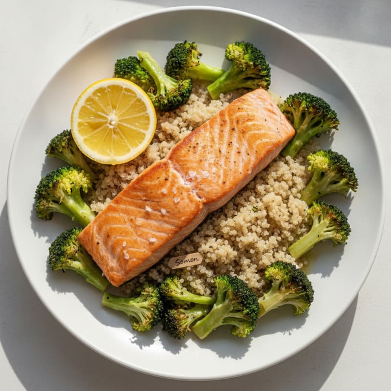 Pan-Seared Salmon with Roasted Broccoli and Quinoa