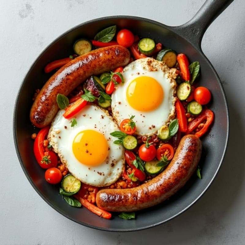 Turkey Sausage and Roasted Vegetable Breakfast Skillet with Jammy Eggs