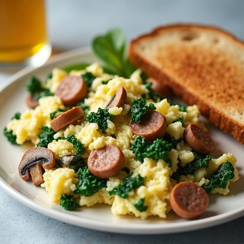 Egg White Spinach Scramble with Turkey Sausage and Sautéed Mushrooms