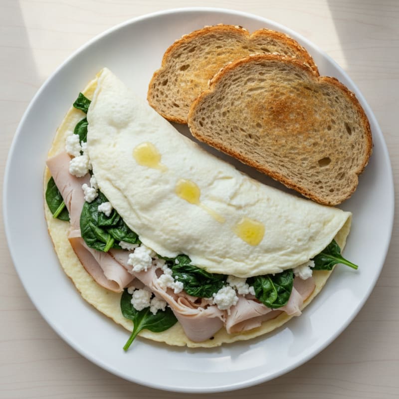 Egg White Spinach Omelette with Cottage Cheese and Sliced Turkey