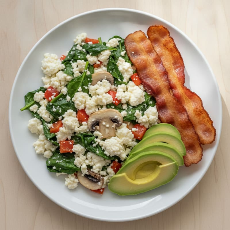 Egg White Veggie Scramble with Cottage Cheese and Turkey Bacon
